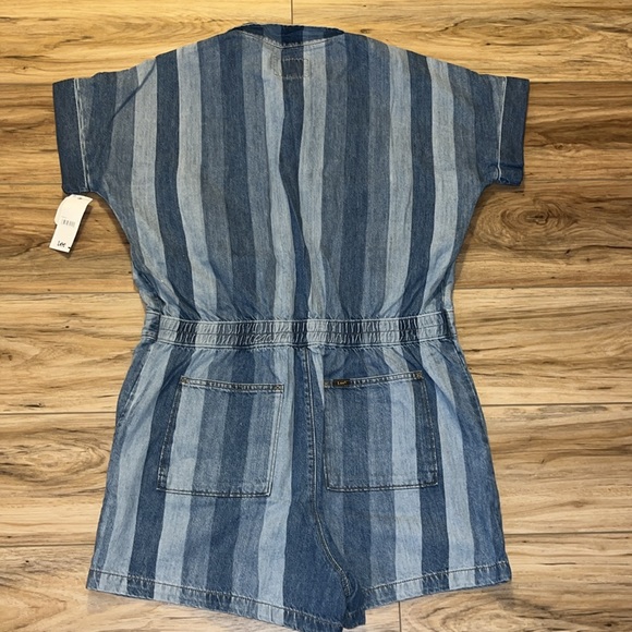 Lee Union-Alls Denim Romper Striped Utility Zip Front Short Jumpsuit Large-NWT - Picture 4 of 11